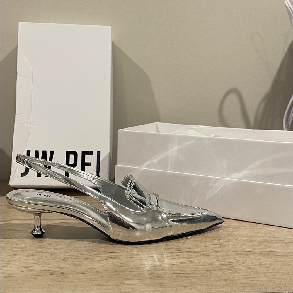 JW PEI Shiny Silver Slingback Shoes